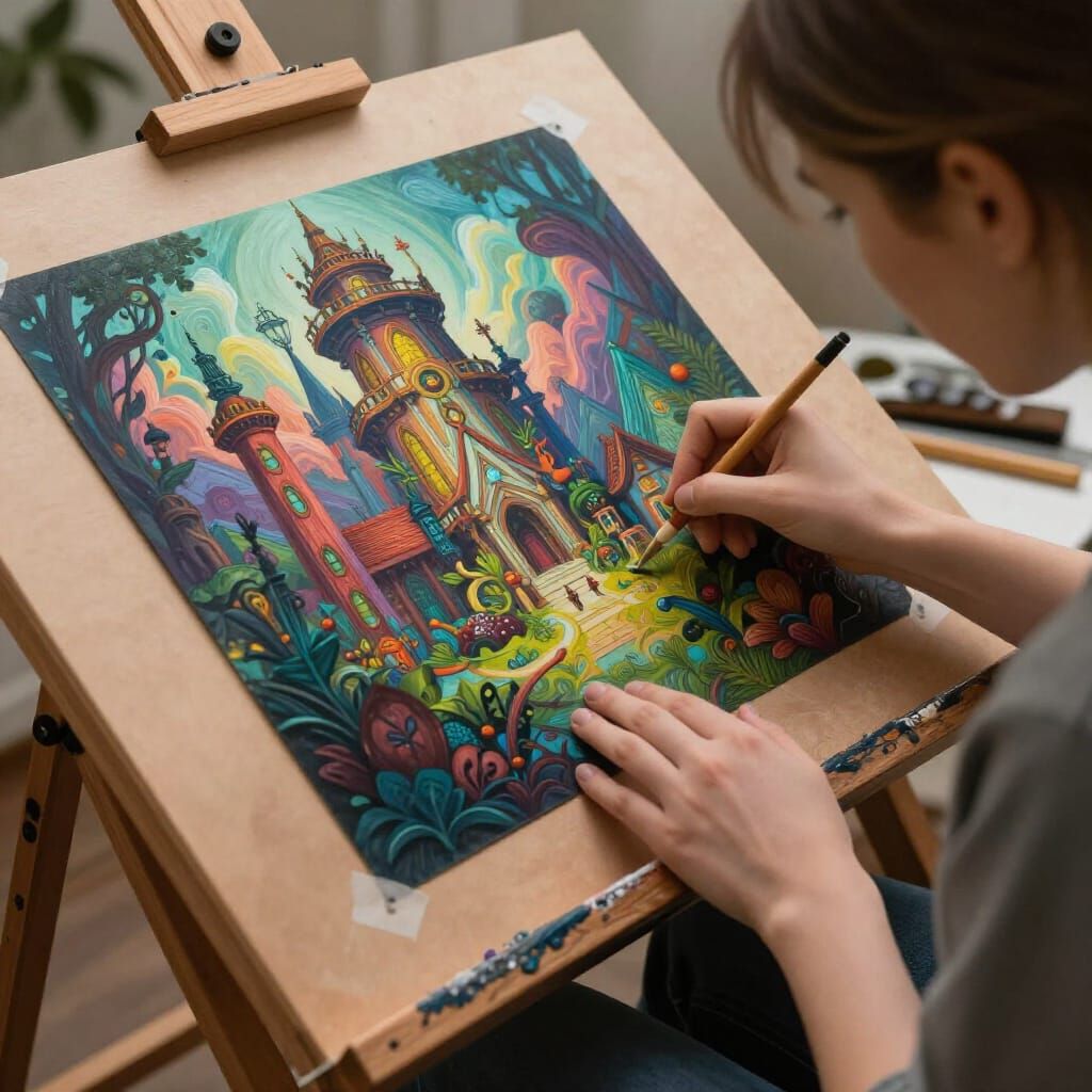 A woman sits at a decorative wooden drawing. Close-up of her work. detailed matte painting, deep color, ...  by @Elviira 