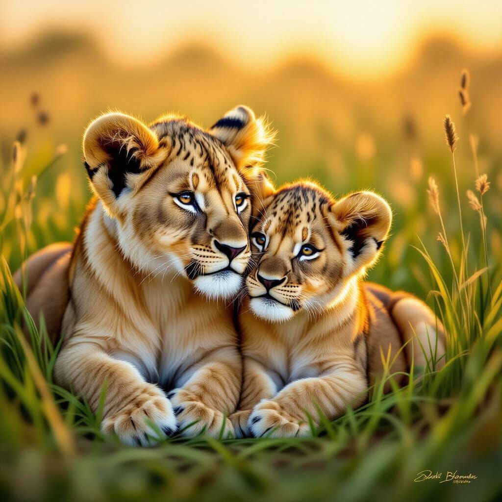 Lion Cubs Nuzzle in Golden Savanna Dawn Light