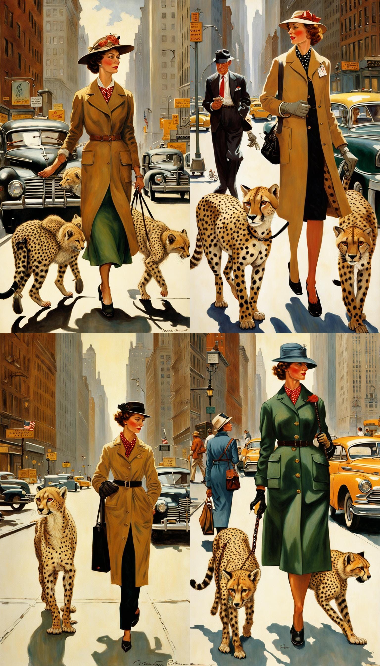 sophisticated New York urbanite walking her pair of Cheetahs...