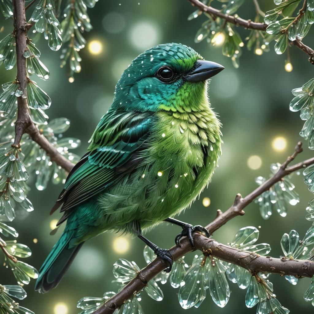 Close up on An intricate  fluffy cute baby Glistening-green Tanager bird, cute fluffy baby Glistening-green ...  by @Cotton Candy