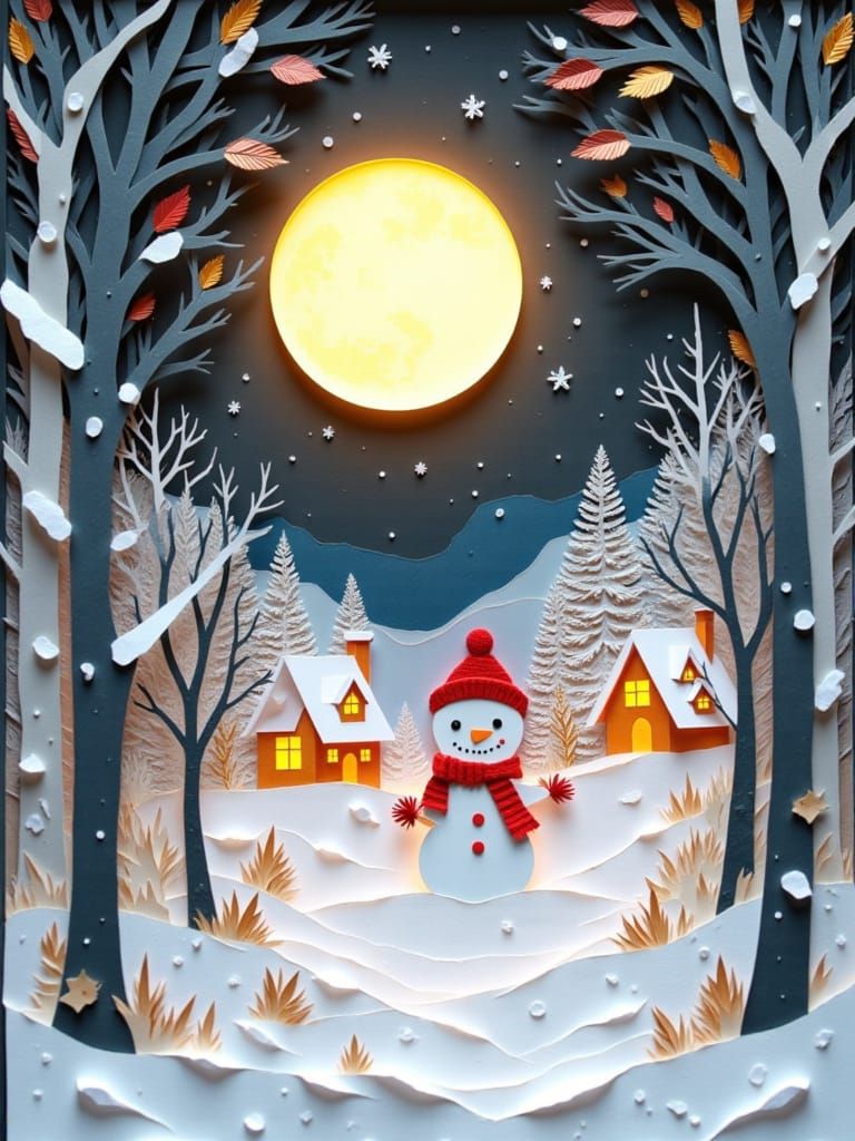 Enchanting Winter Paper Art Scene with Snowman