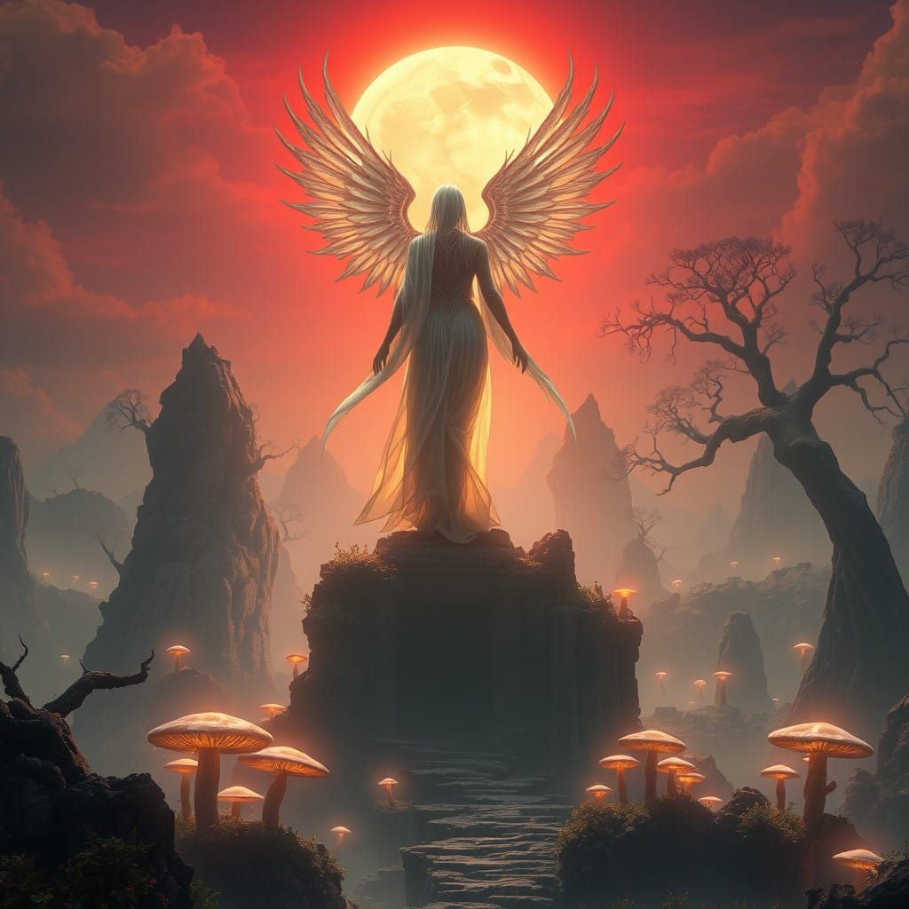 Ethereal Being Ascends Ruined Temple in Dreamlike Realm