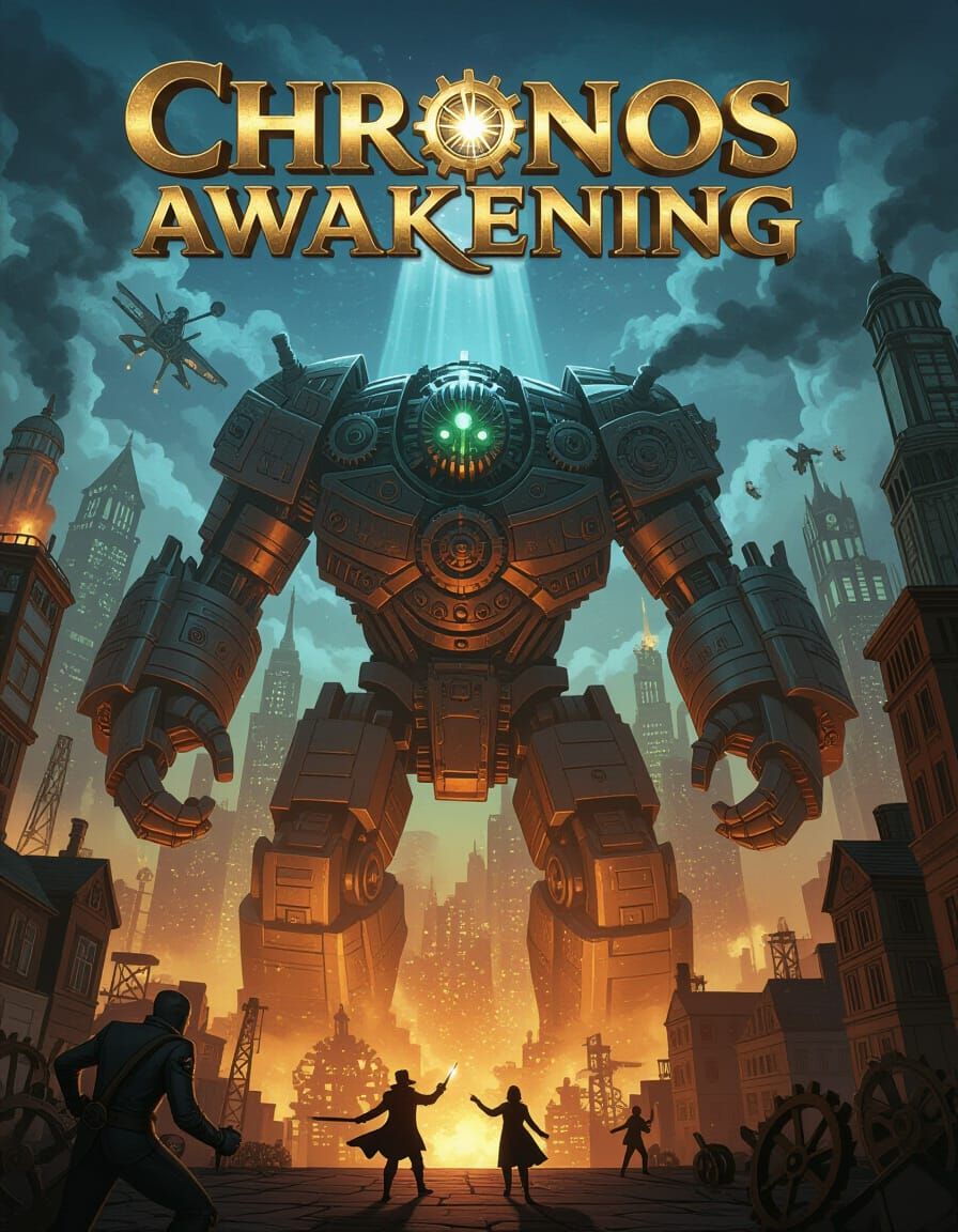 Massive clockwork titan emerging from steampunk cityscape, gears and steam everywhere, dramatic upward ...  by @MisterSir