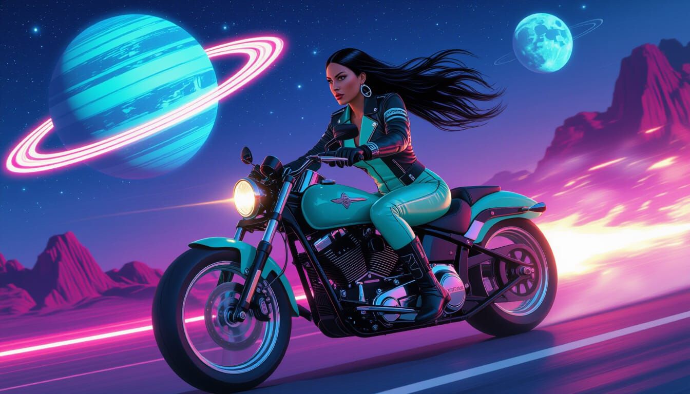 photorealistic behind the scenes of a movie set featuring a flying motorcycle above a neon planet with ...  by @fleshmaul