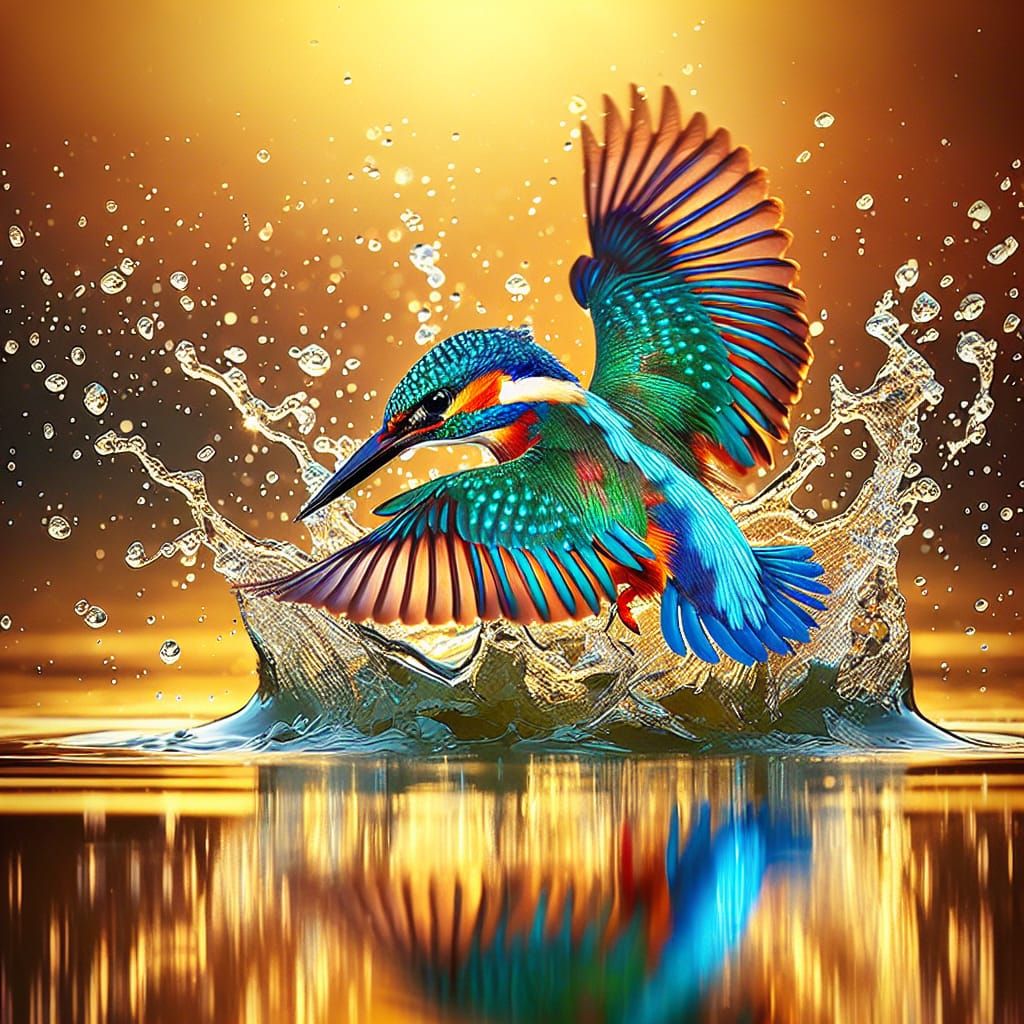 (A stunning kingfisher diving into the water), vibrant colors, shimmering reflection, golden background, (highly detailed), dynamic splash o...