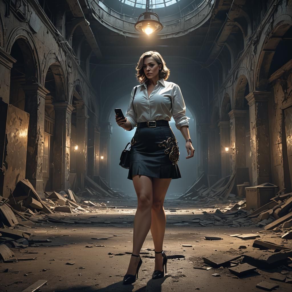 A curvy mature Woman in a Micro skirt and high Heels is taking Photos with  her Smartphone in a DARK abandoned place. - AI Generated Artwork -  NightCafe Creator