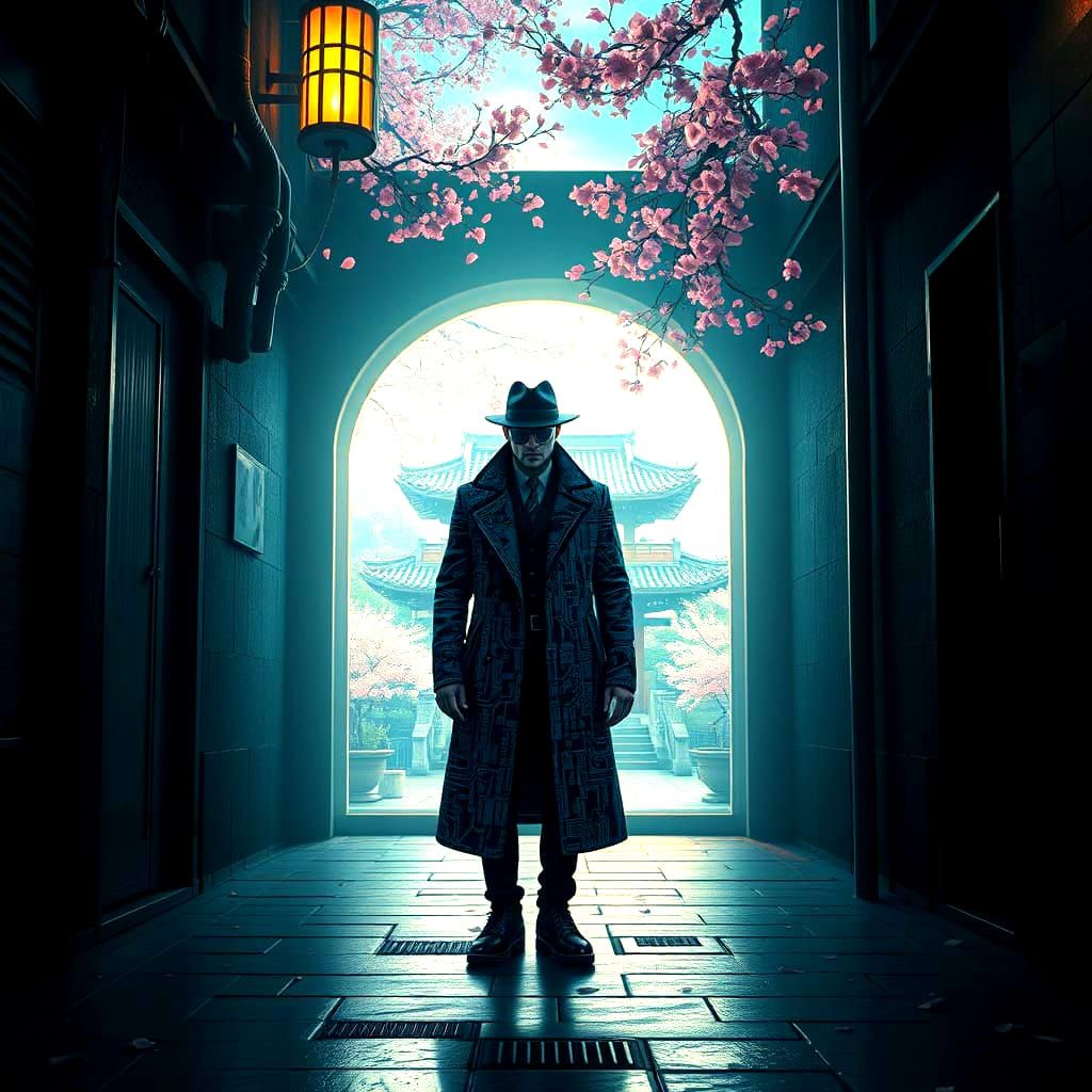 A futuristic cyberpunk detective stands in a dimly lit alleyway, emerging from a shimmering portal that leads to a tranquil, ancient Zen gar...