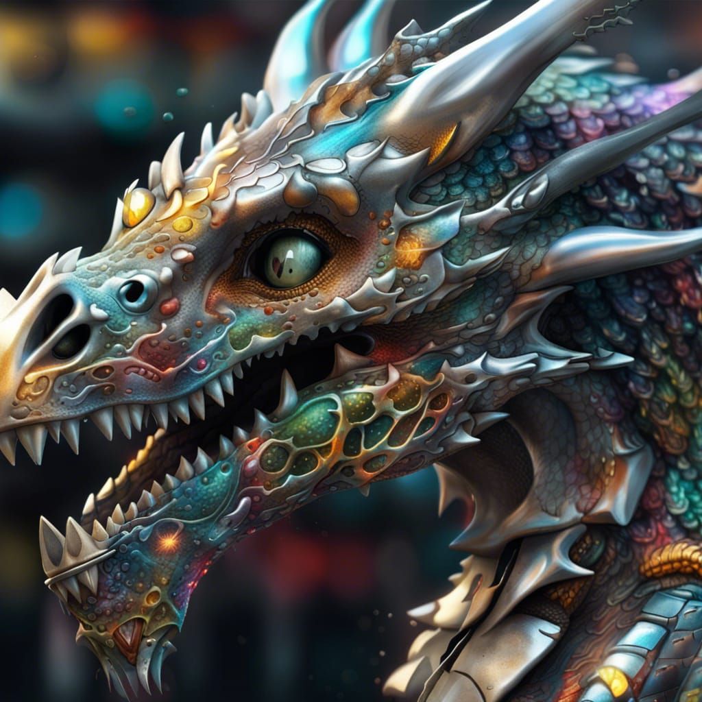 Full body Hyper realistic, metallic dragon with it's bones showing ...