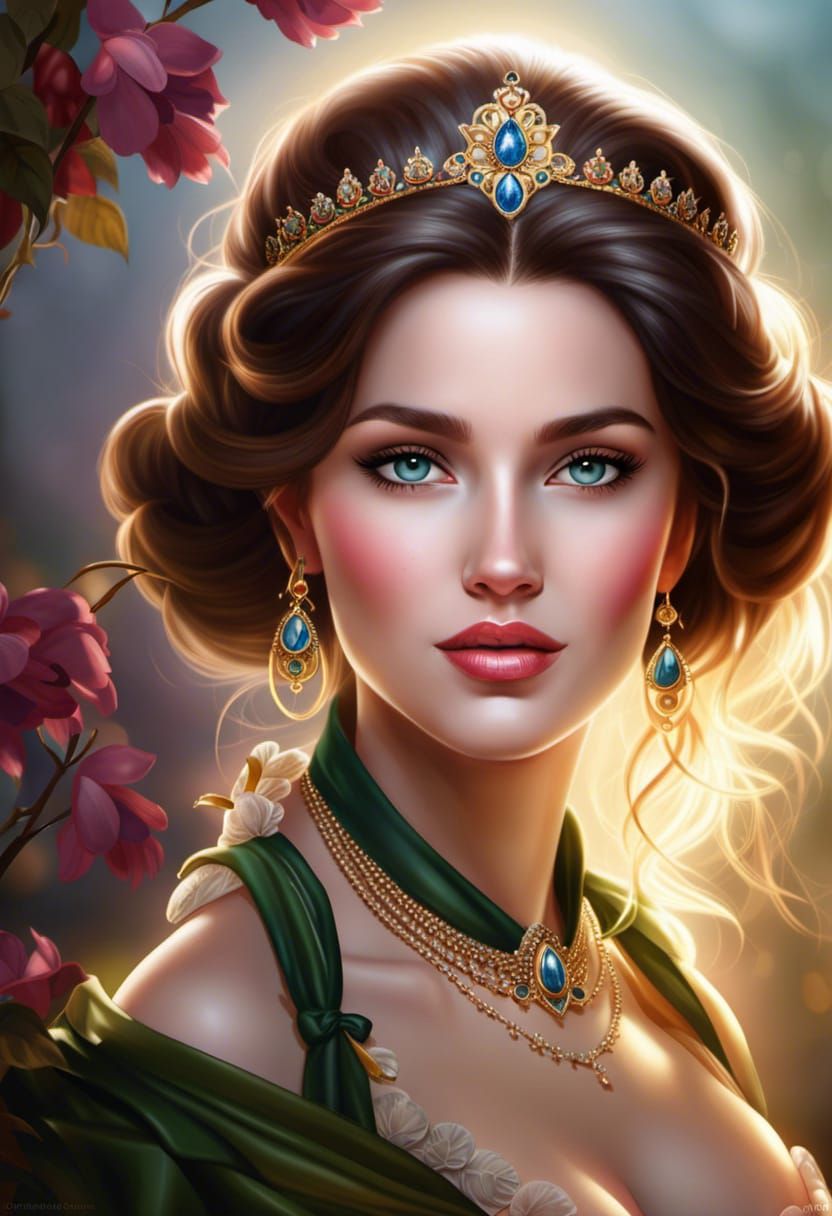 An attractive brunette princess wearing a tiara and green dress - AI ...