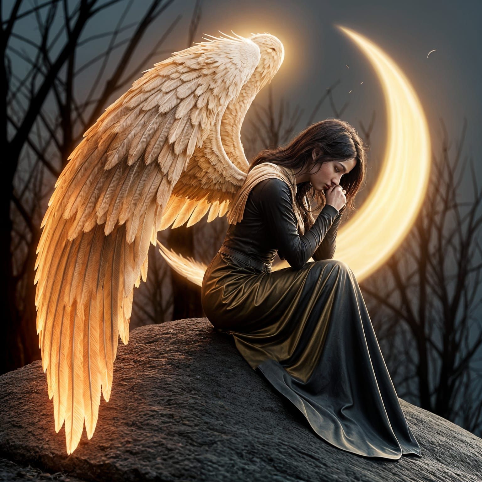 The image is a digital illustration depicting a female figure with large, brightly flaming fiery wings, ...  by @Likvi