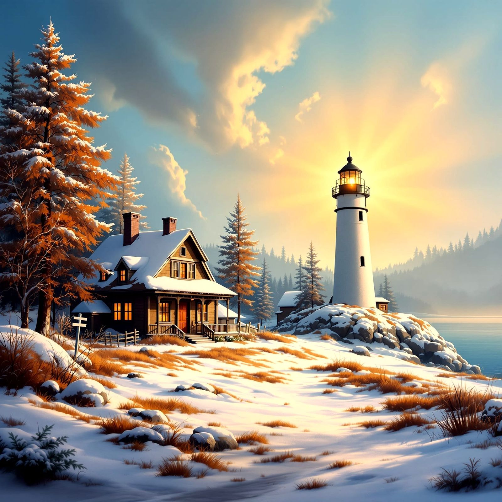 A grand airbrush poster of nature and village and a lighthouse, rendered in luminous gradients and glowing ...  by @BC