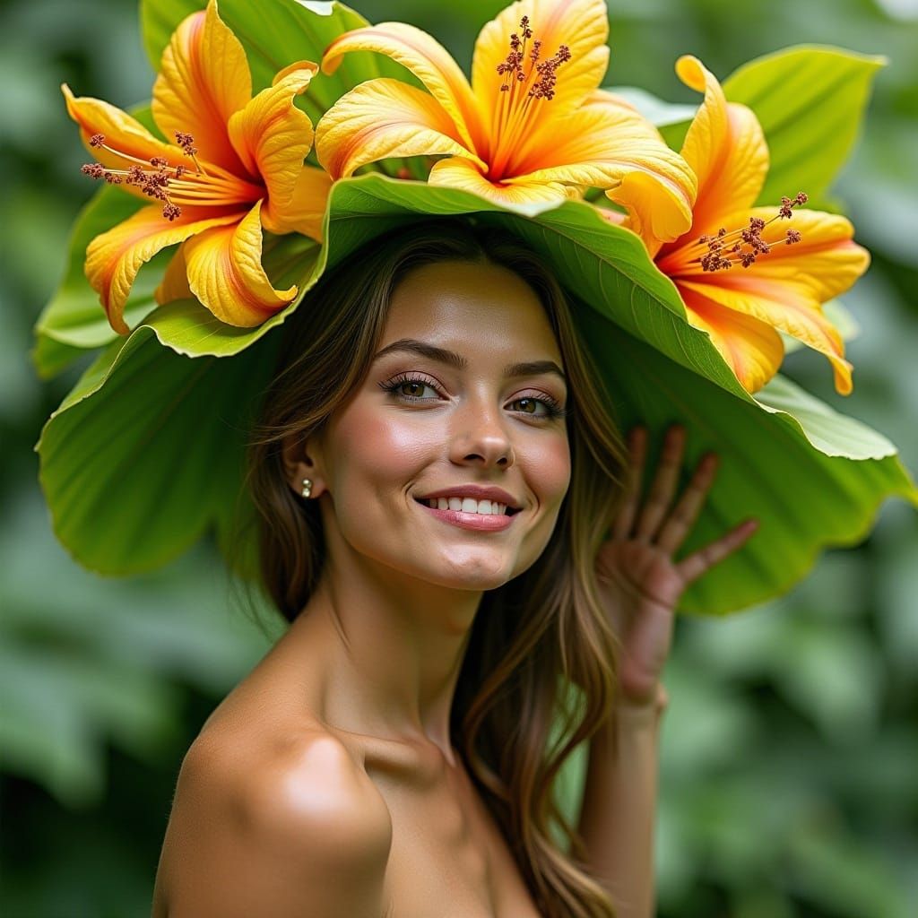 surreal  fantasy by Antonio J. Manzanedo and Bastien Lecouffe-Deharm:: woman get carried by big leafs  , surrounded by phantastic yellow and...