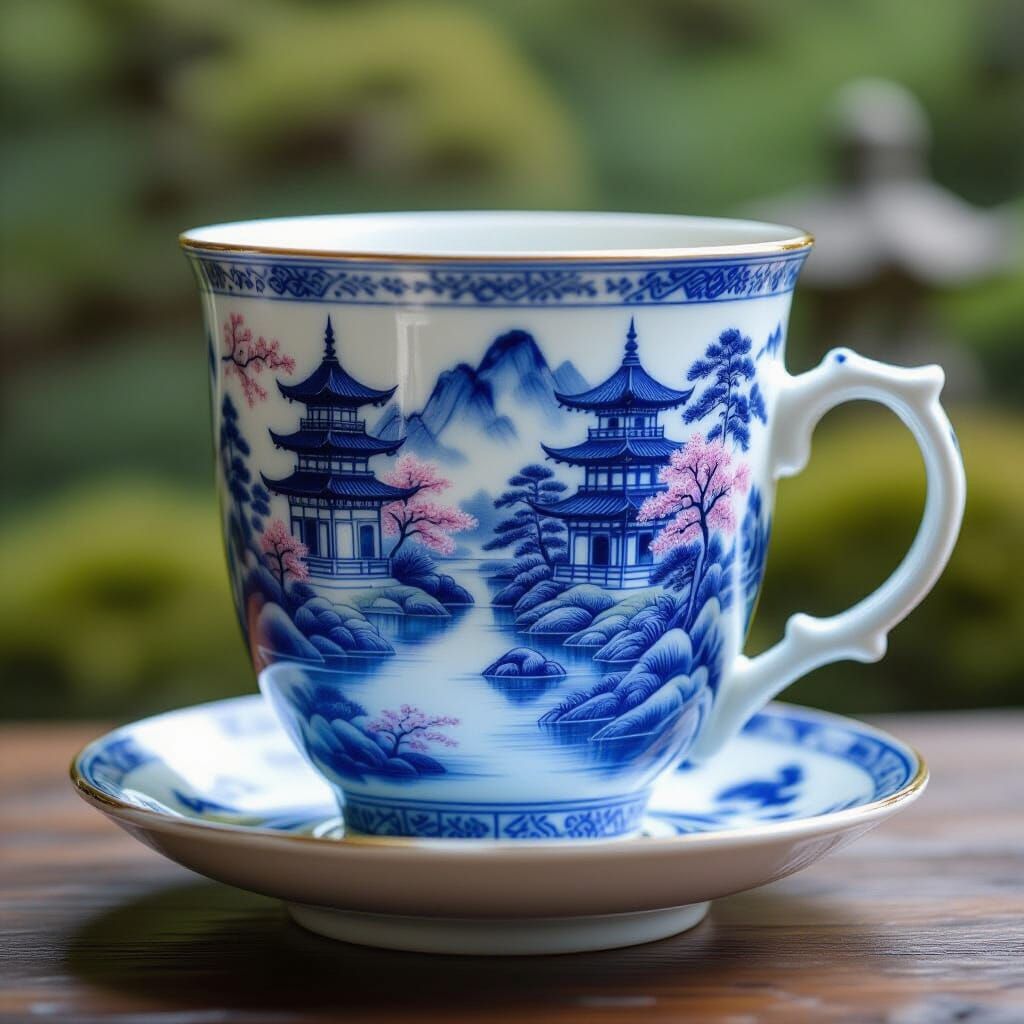Antique Chinese Cup with Japanese Garden Double Exposure