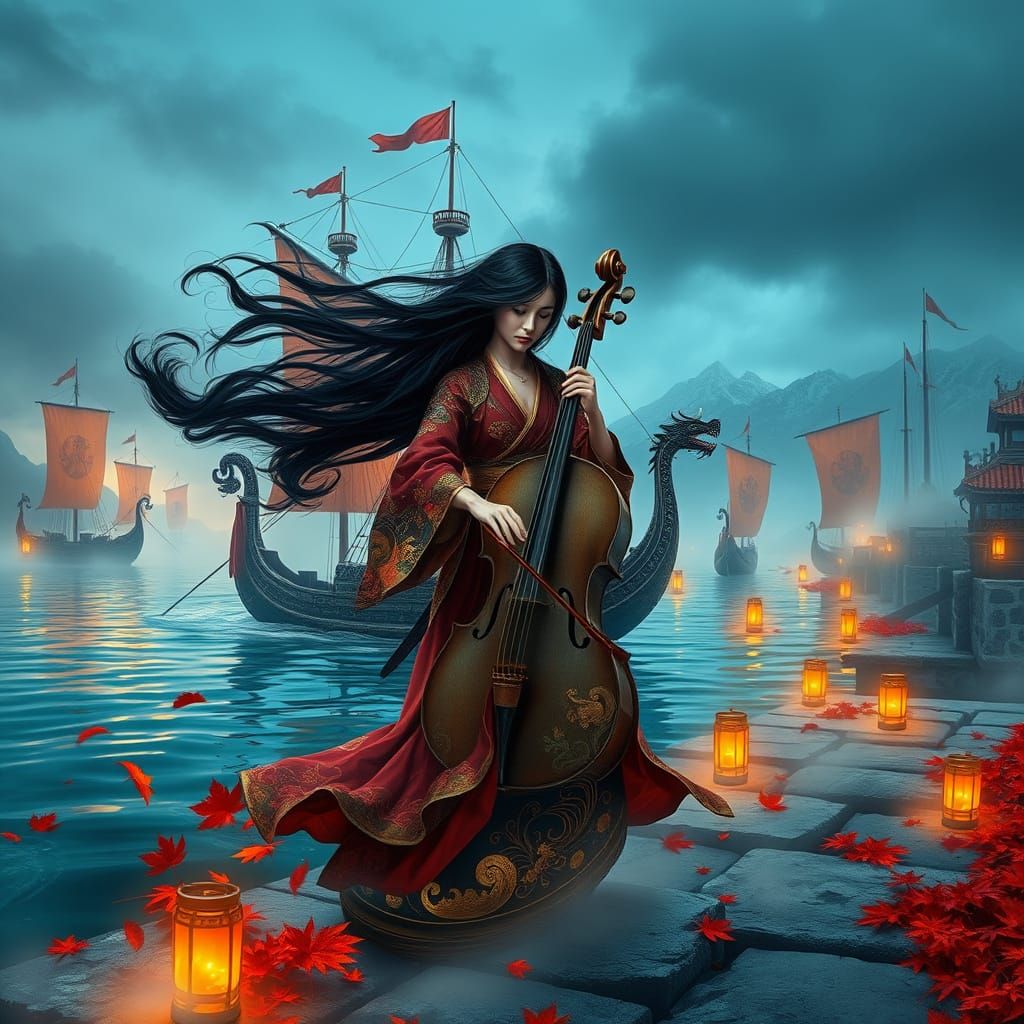 Ancient harbor at dusk with ornate Viking longships and Eastern trading vessels docked at weathered stone piers, illuminated by glowing pape...