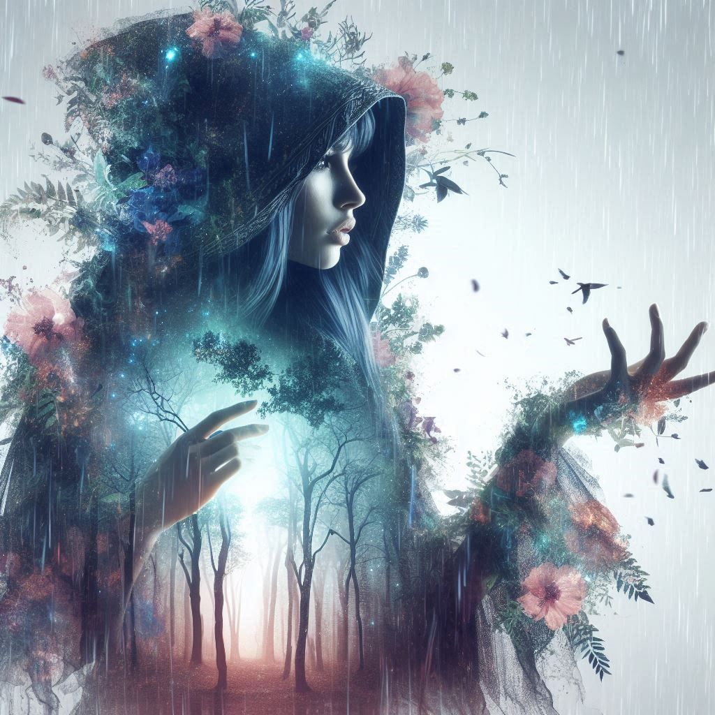 double exposure beautiful fantasy DALL-E 3 portrait landscape..