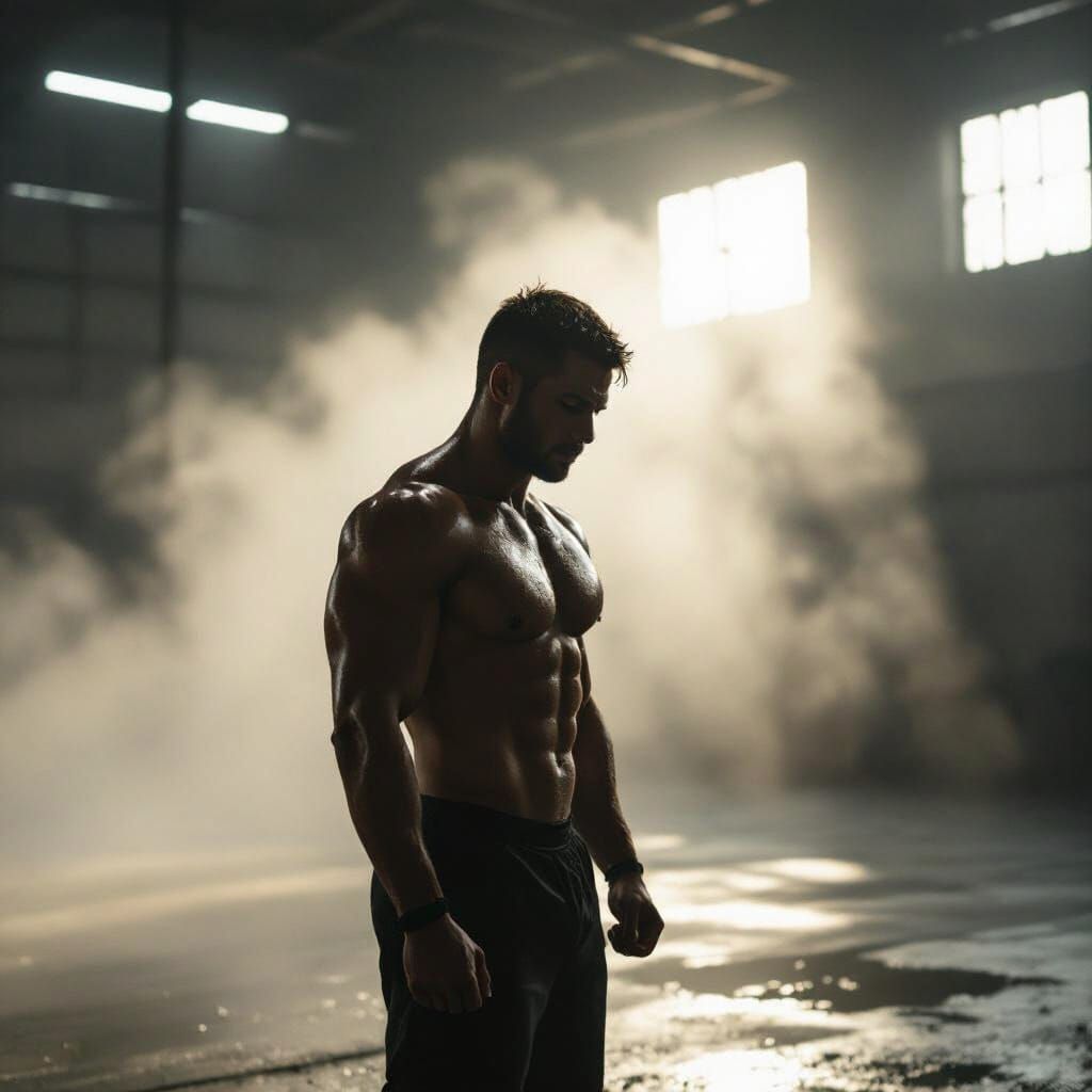 Cinematic medium shot of a man training alone in a dark warehouse. Dramatic side lighting illuminating sweat and muscles. Foggy air with dus...