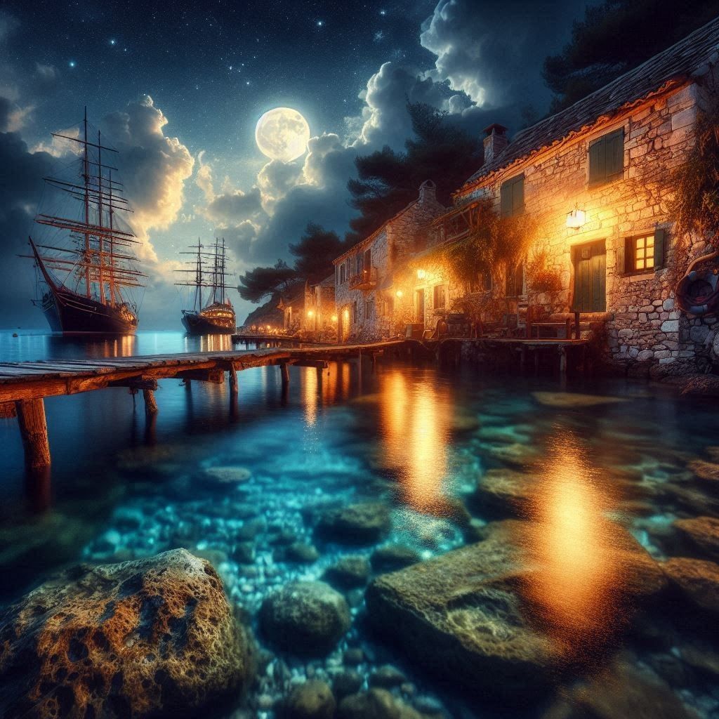 Moonlit Coastal Village