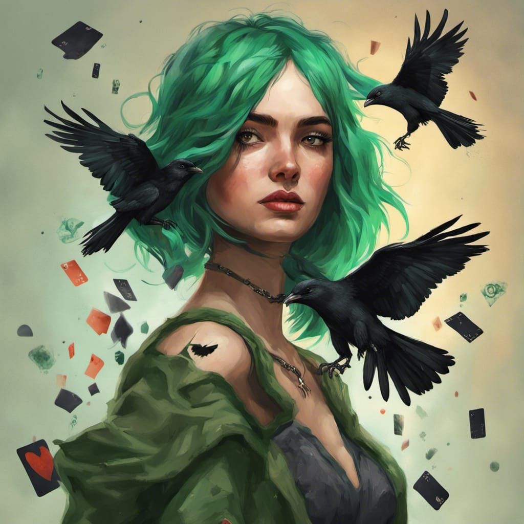 Green hair girl with crow and cards