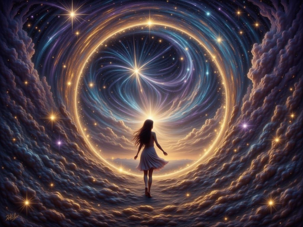 Caught in a cosmic haze, time slips away,
Dancing through rifts, our shadows sway,
Meeting the echoes of our dormant dreams,
Wishing to find...