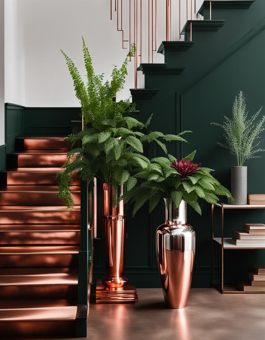Copper staircase, silver vase, dark green plant, luminous ga...