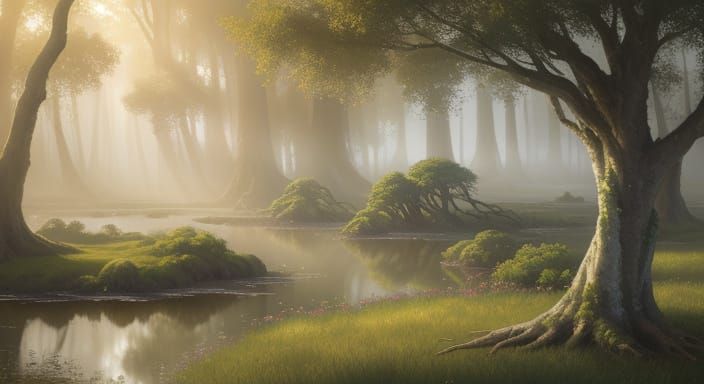 An impressionist masterpiece depicting a serene landscape of floating islands, each adorned with ancient, gnarled trees and delicate, glowin...