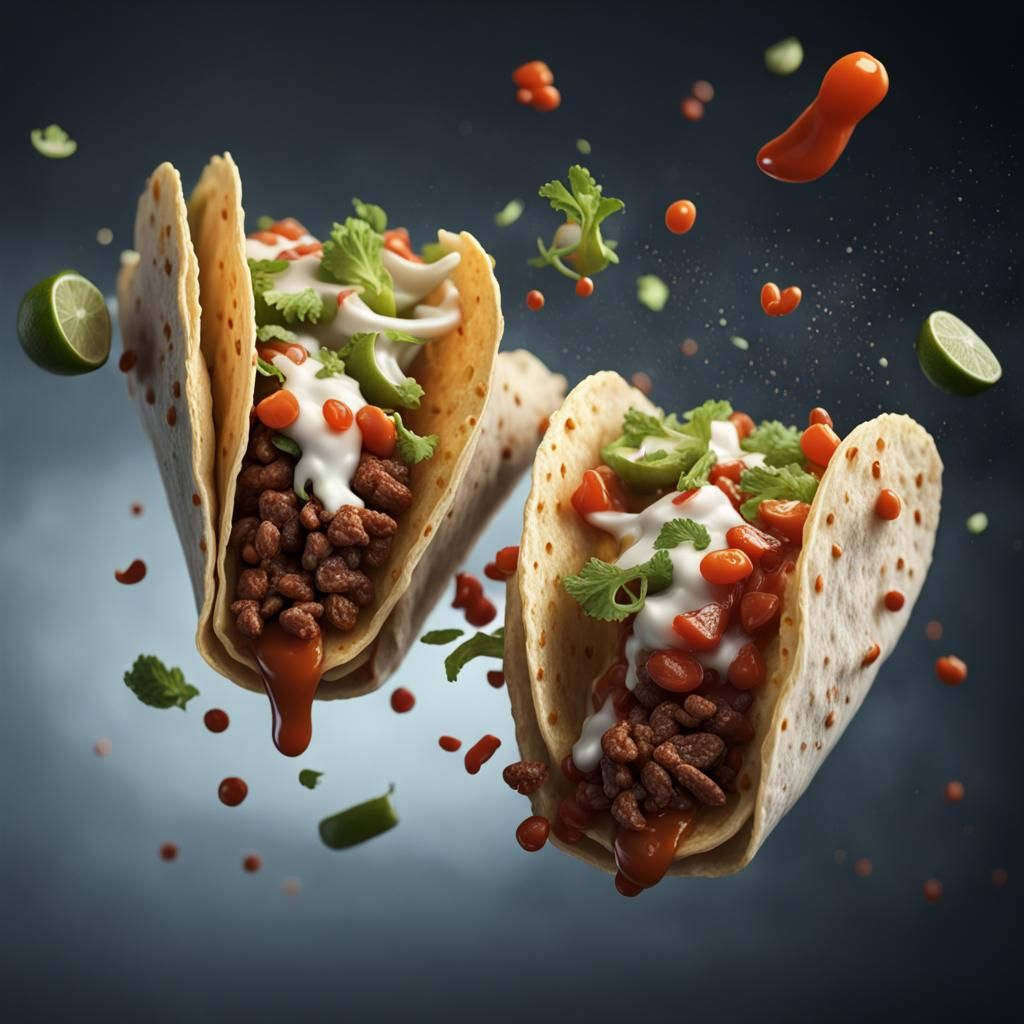 spice tacos with sauce, flying in the air, in the style of mike campau, Vray tracing, serge marshennikov, ...  by @ByToi