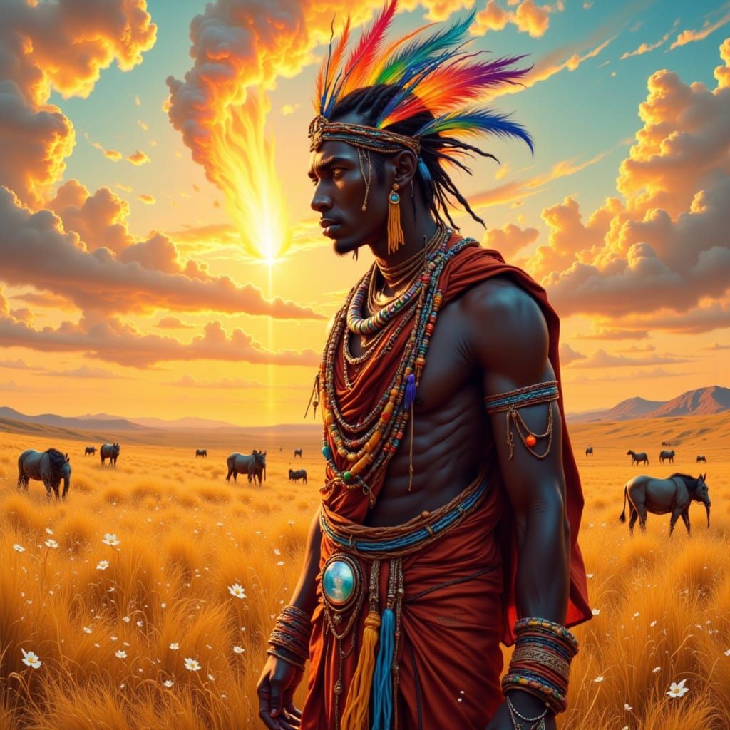 Kai-matutsi, a Maasai warrior, standing proudly in a savannah landscape, adorned in traditional attire, with intricate beadwork and vibrant ...