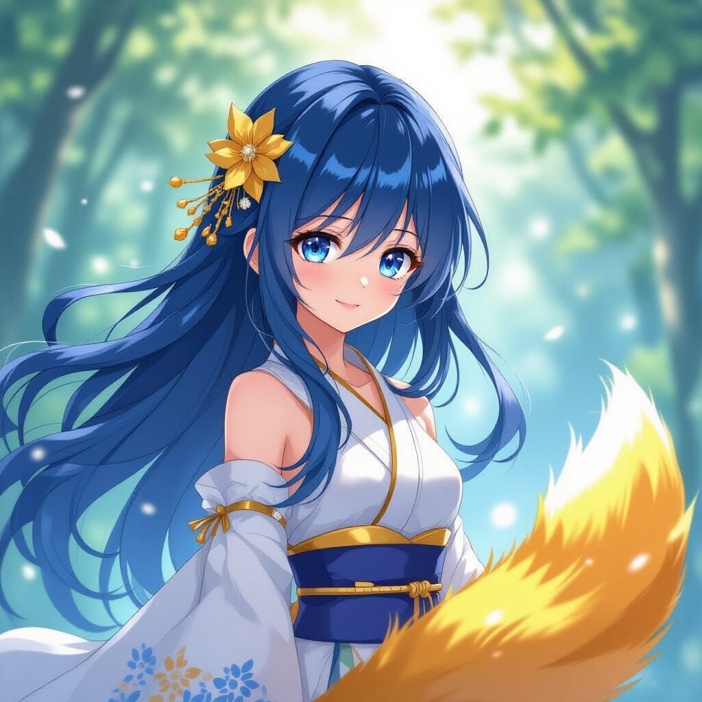 Shinna Mahiru, anime, long blue hair with golden tail, sparkling blue eyes