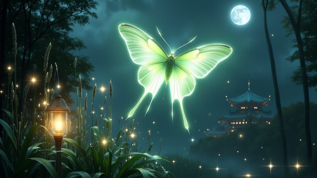 RadiantRealism. A luminous luna moth floats gently through moonlit sky above a pampa grass and a japanese temple, and la...