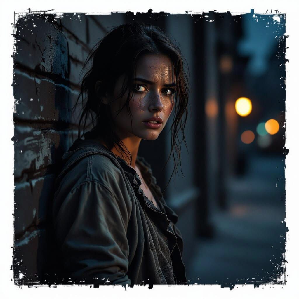 woman dressed in tattered clothing standing next to the corner of a building at night, afraid but defiant, faint firelight illuminating her ...