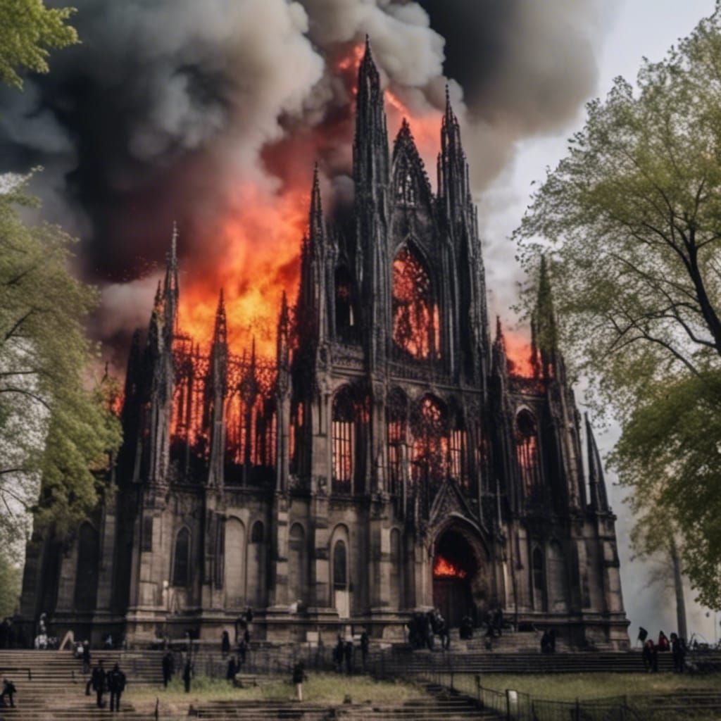 <lora:MiniMacabre:1.0>Gothic cathedral on fire, worshipers lamenting