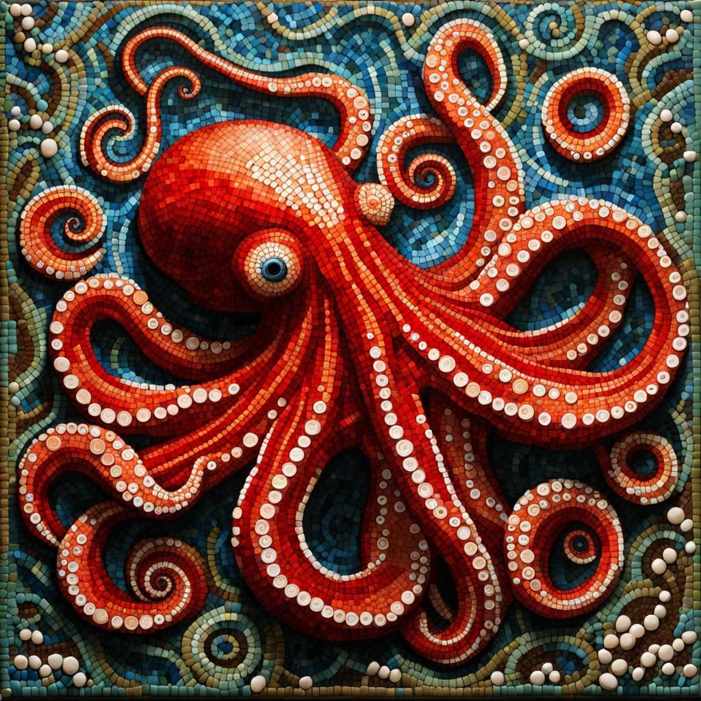 ceramic mosaic artwork of a beautiful red colored Octopus Vulgaris, volumetric mosaic ocean background ...  by @Kalpine