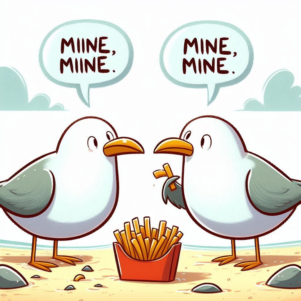 A cartoon seagull saying mine, mine, mine to another seagull