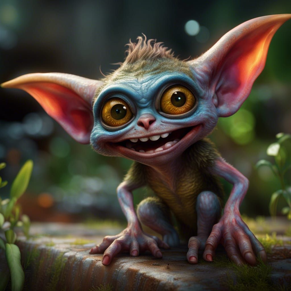 Super realistic knarly warty colourful gremlin grinning, big eyes, full ...