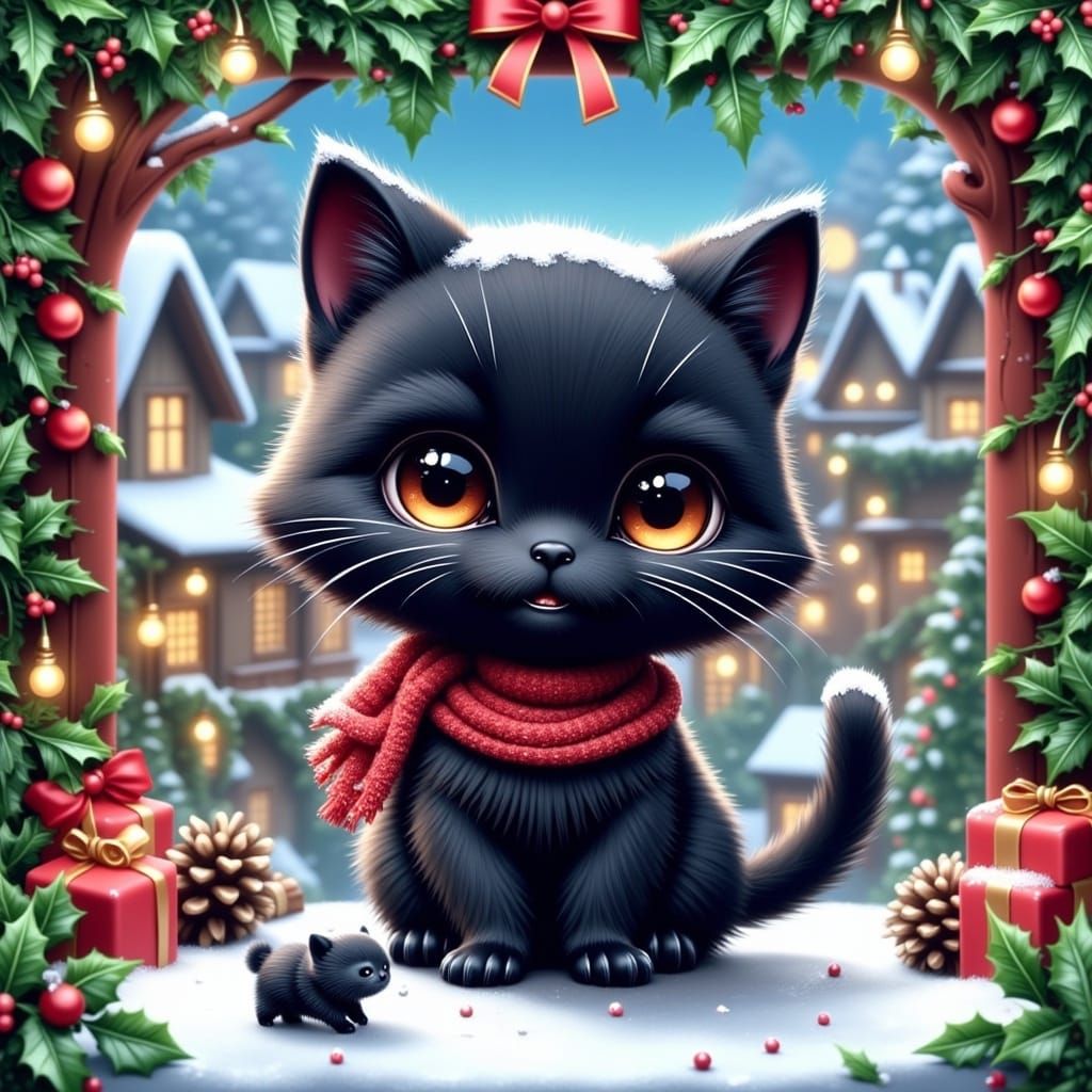 Whimsical Christmas Chibi Cat in Snowy Village