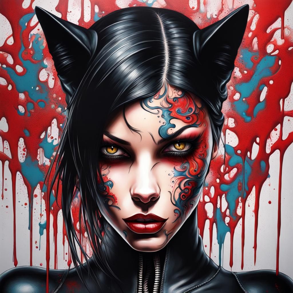 Long black hair black red eyes tattooed face beautiful leather cat suit ...