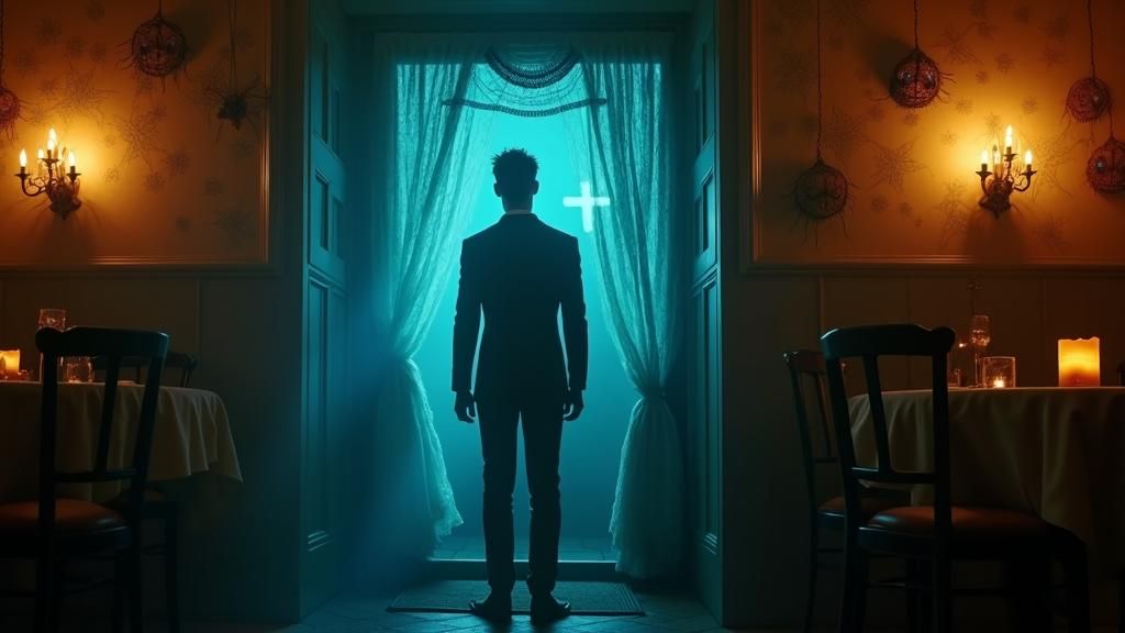 "Inside the dimly lit restaurant, Leo (male, tall, with an otherworldly blue aura and eyes that seem to glow blue, short  dark hair in a sui...