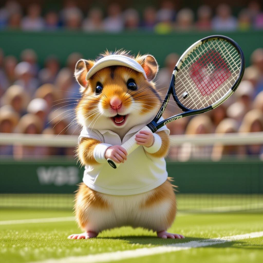 A tiny hamster in a full tennis outfit, including a tiny visor and wristbands, is struggling to hold ...  by @Tim