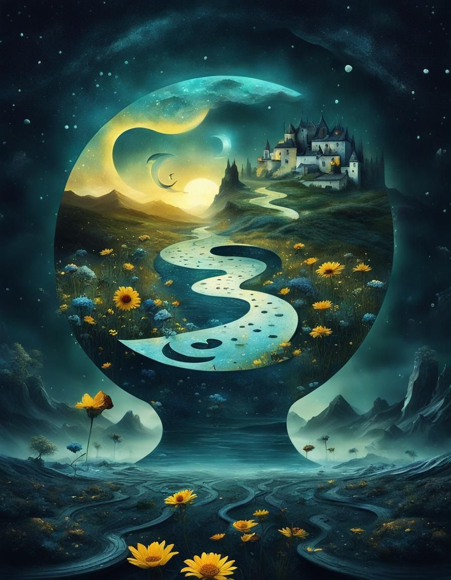 surreal Yin Yang sun moon hourglass maze