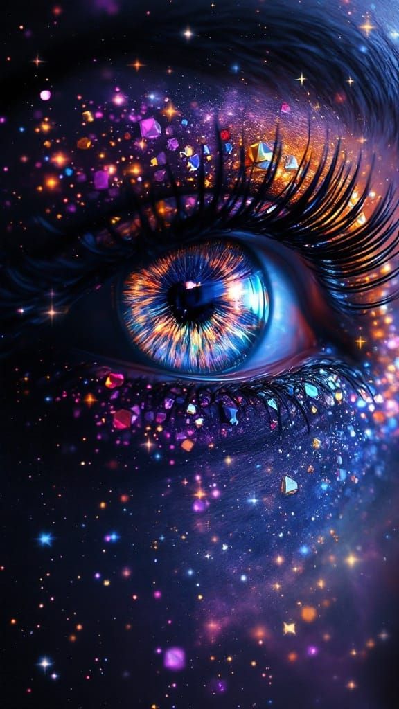 A human eye encrusted with gems on a backdrop of stars