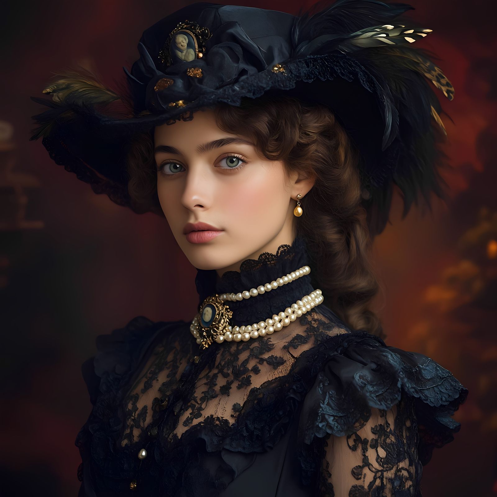 A hyper-realistic portrait of a young woman in Victorian Gothic attire.