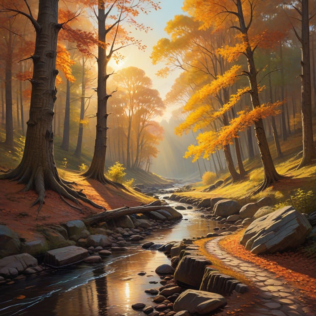 Autumn Forest Landscape Painting in Golden Light