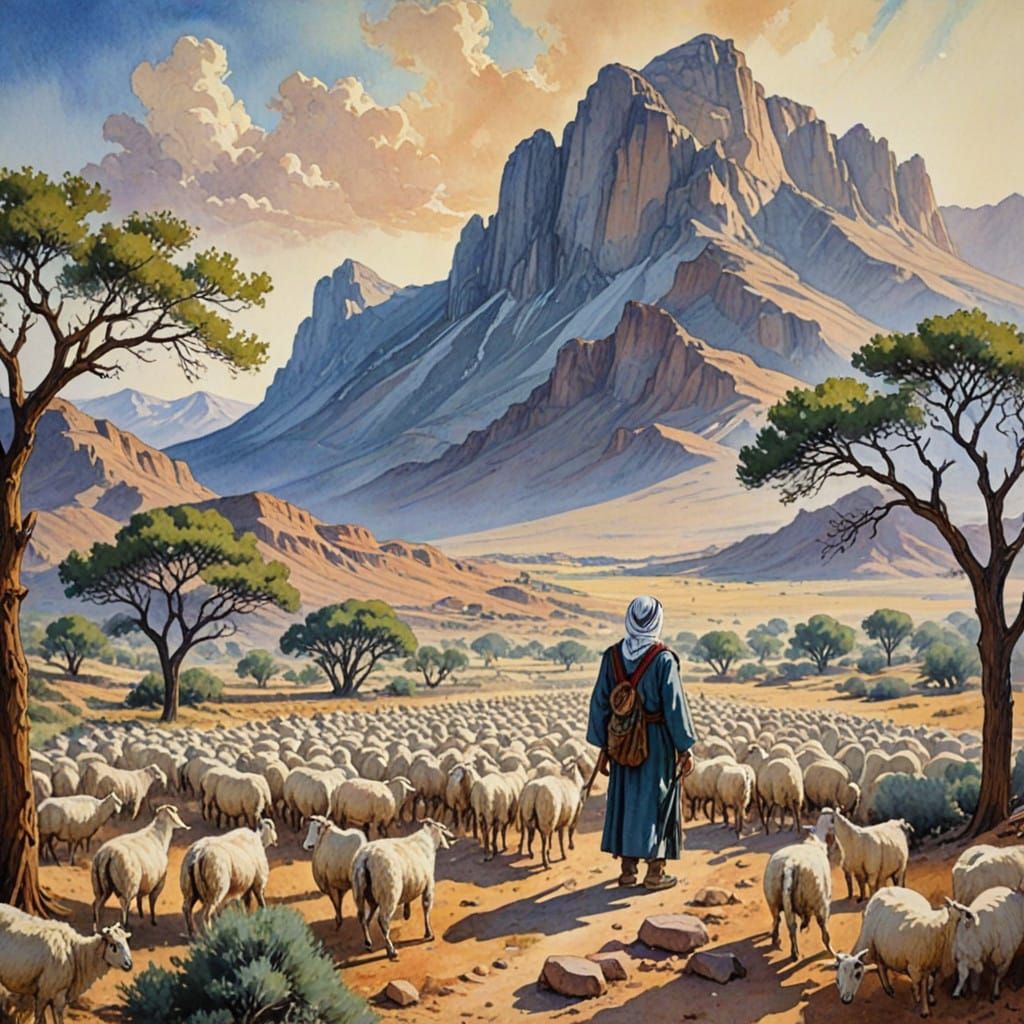 Hebrew Leader Moses at Mount Horeb in Dreamlike Desert Lands...