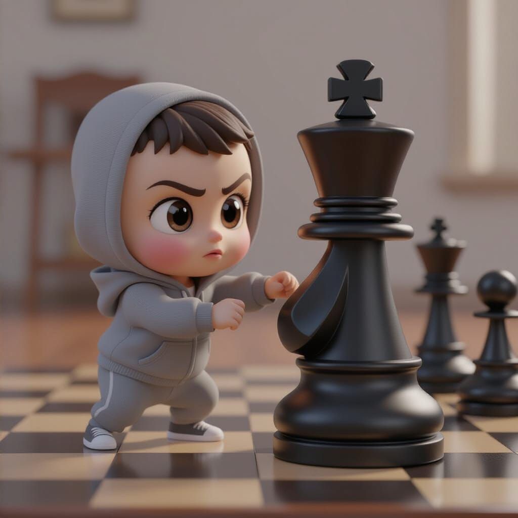 "3D render of an adorable, tiny baby Rocky Balboa as a chibi character, with big determined eyes, in a tiny grey hoodie and sw...
