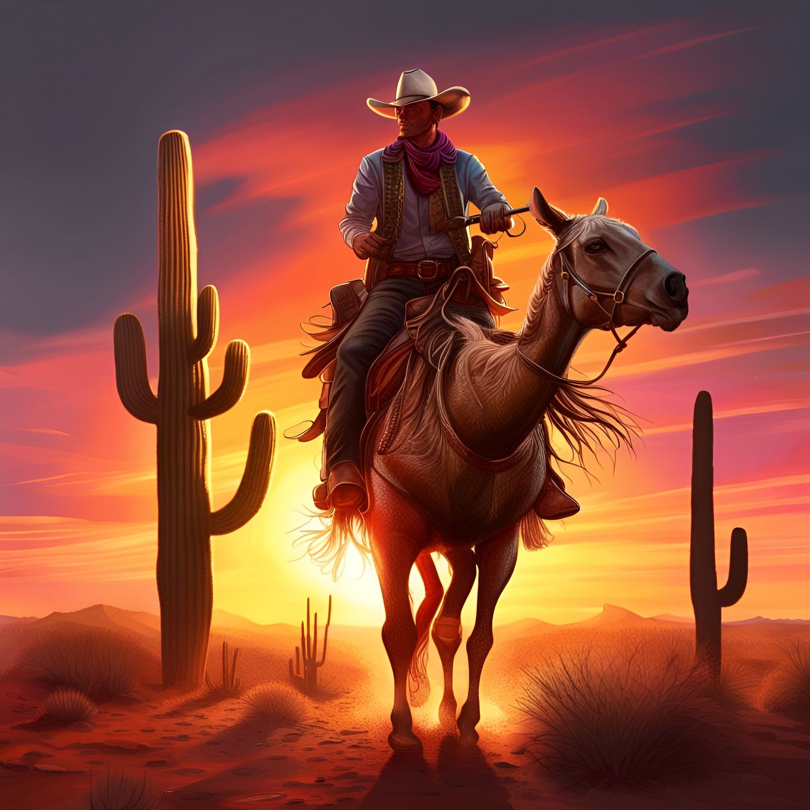 A Beautiful Bright Sunset In The Dessert. Cactus. A Cowboy Riding Off 