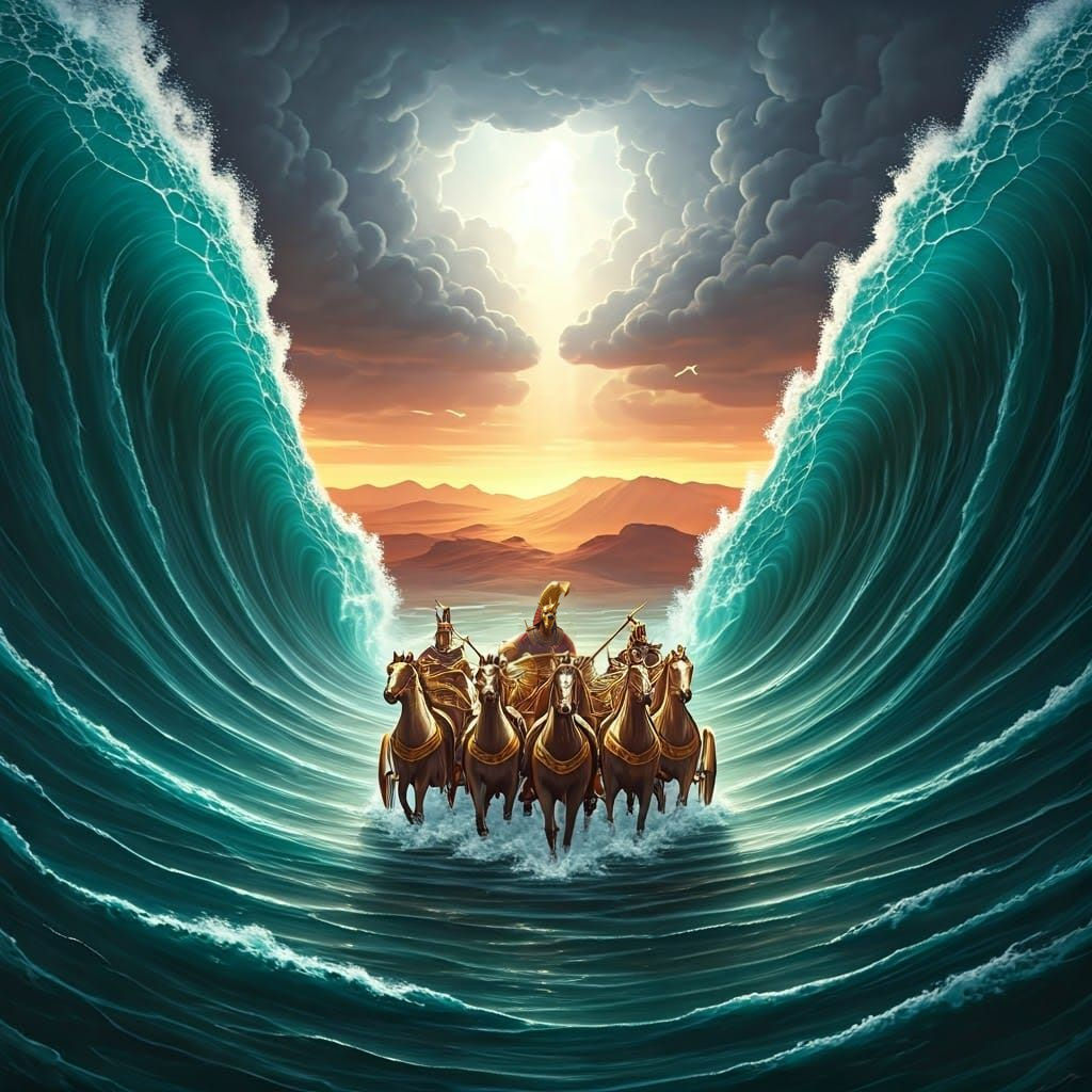 Epic Biblical Scene of Pharaoh's Chariots Entering the Sea i...