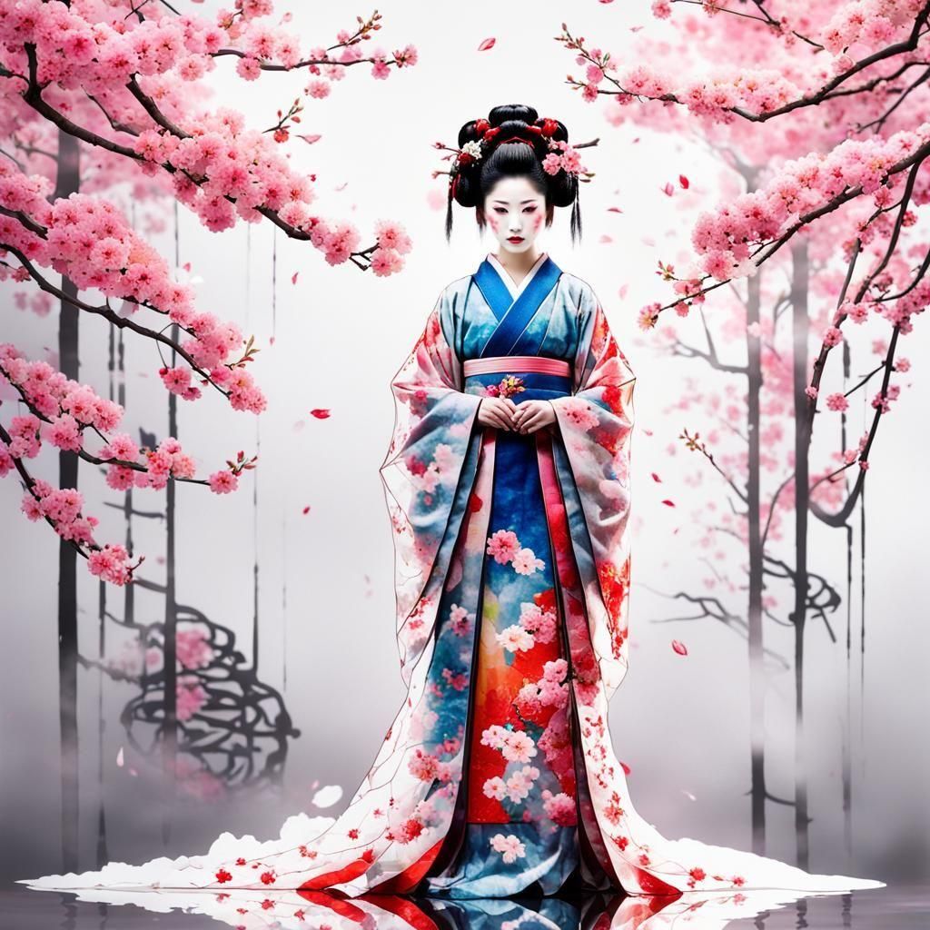 Sakura Geisha in Watercolor Style with Graffiti Art