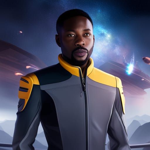 Black man standing on the bridge of a starship. He is dresse...