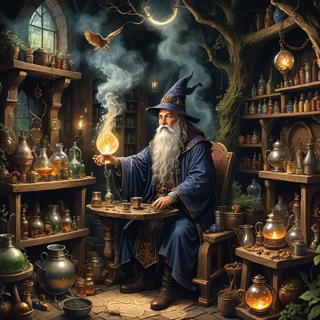 A wizard who brews potions in a  ...