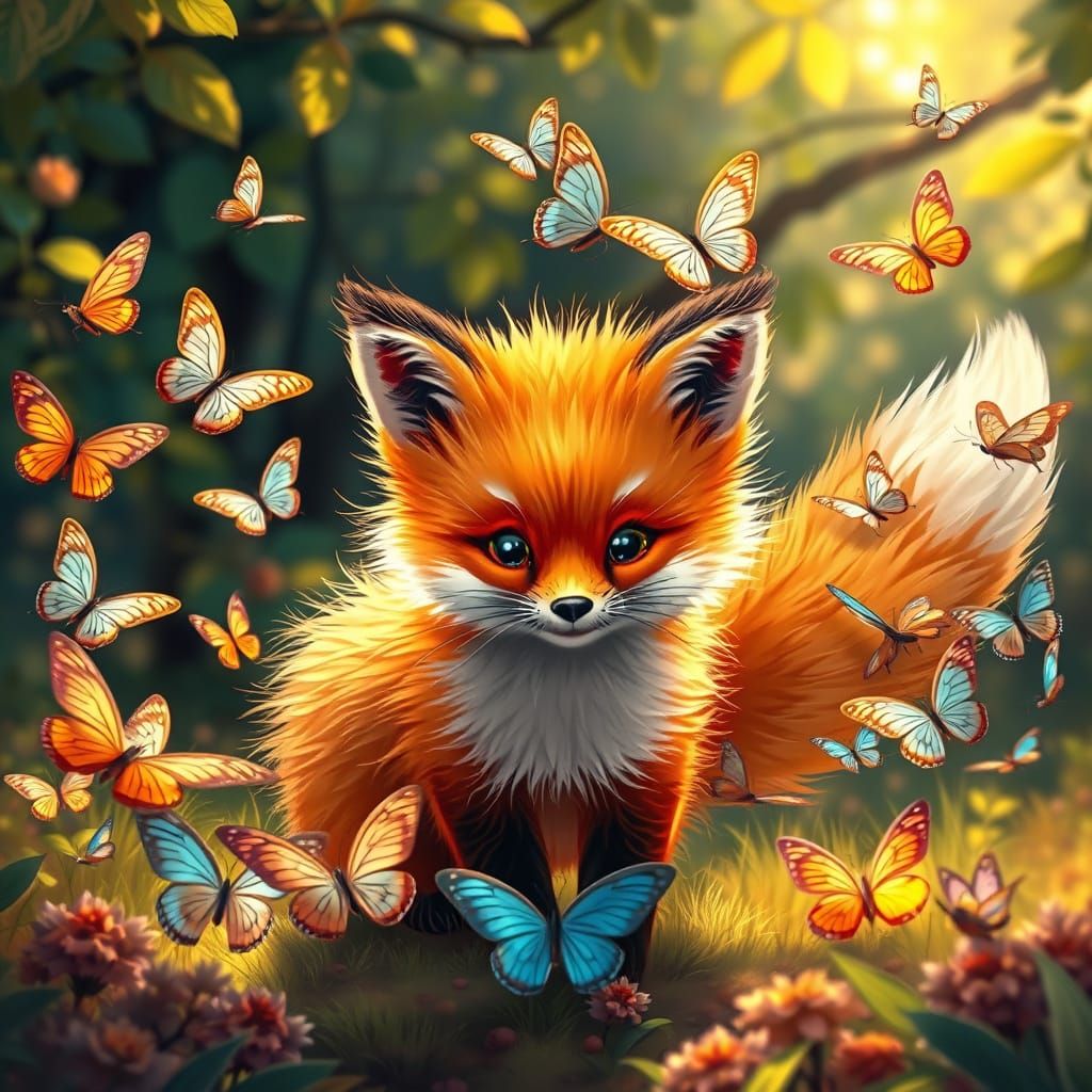 Imagine a cute fox playing with spinning butterflies, in the middle of a highly detailed realistic image. ...  by @JennaM